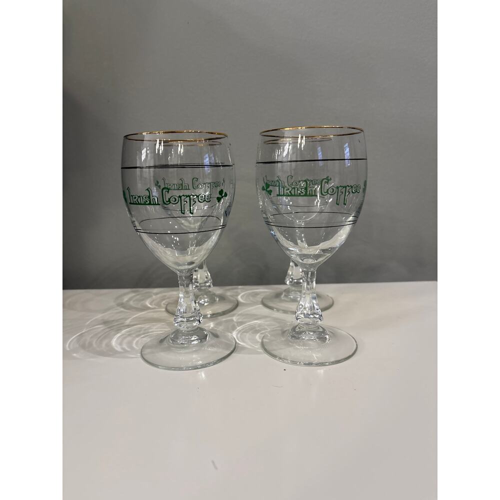 Vintage '60's Irish Coffee Goblets Gold Rims Shamrock Made In France Set of 4